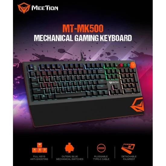 Keyboard Wired Meetion Gaming Blue Switch RGB MT-MK500 Black
