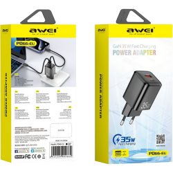 Charger Mobile Awei USB+PD Fast Gan Charging 35W PD66-EU Black Charger Mobile Awei USB+PD Fast Gan Charging 35W PD66-EU Black