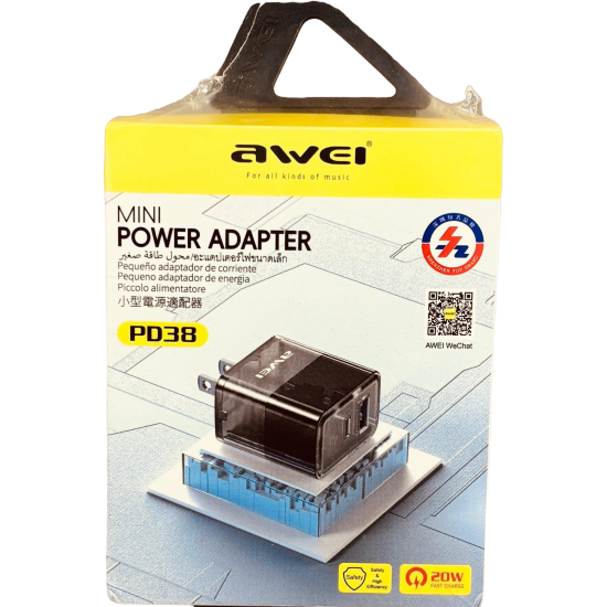 Charger Mobile Awei USB+PD Fast Gan Charging 20W PD38-EU Black Charger Mobile Awei USB+PD Fast Gan Charging 20W PD38-EU Black