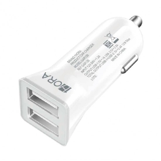 Charger Car 1Hora Dual Usb 2.4A 12W Gar128 White